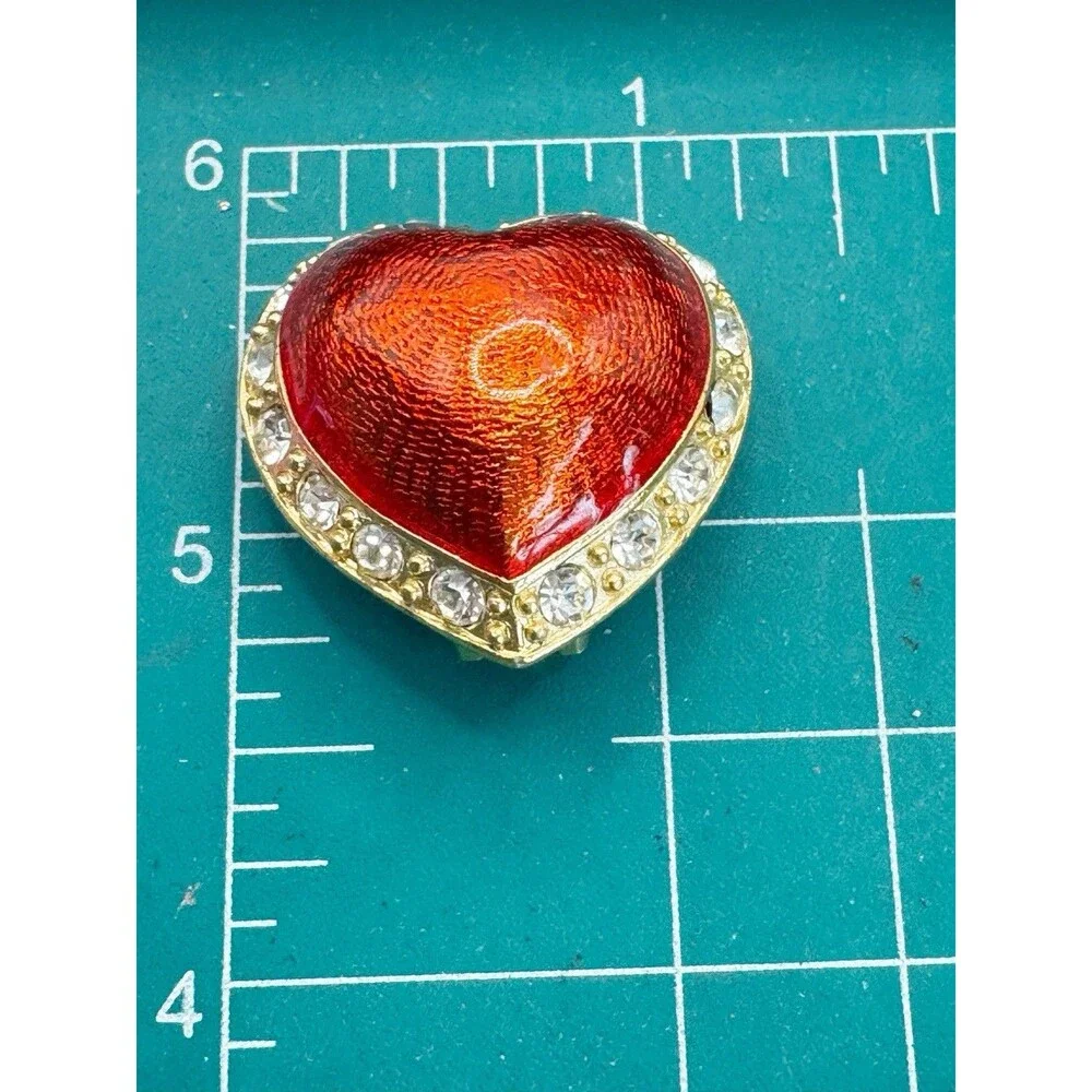 Vintage Victoria's Secret Red Enamel Puff Heart Clip on Earrings Rhinestone